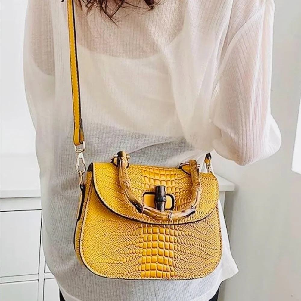 Elegant Yellow Crocodile Satchel with Bamboo Handle - Picture 3 of 3